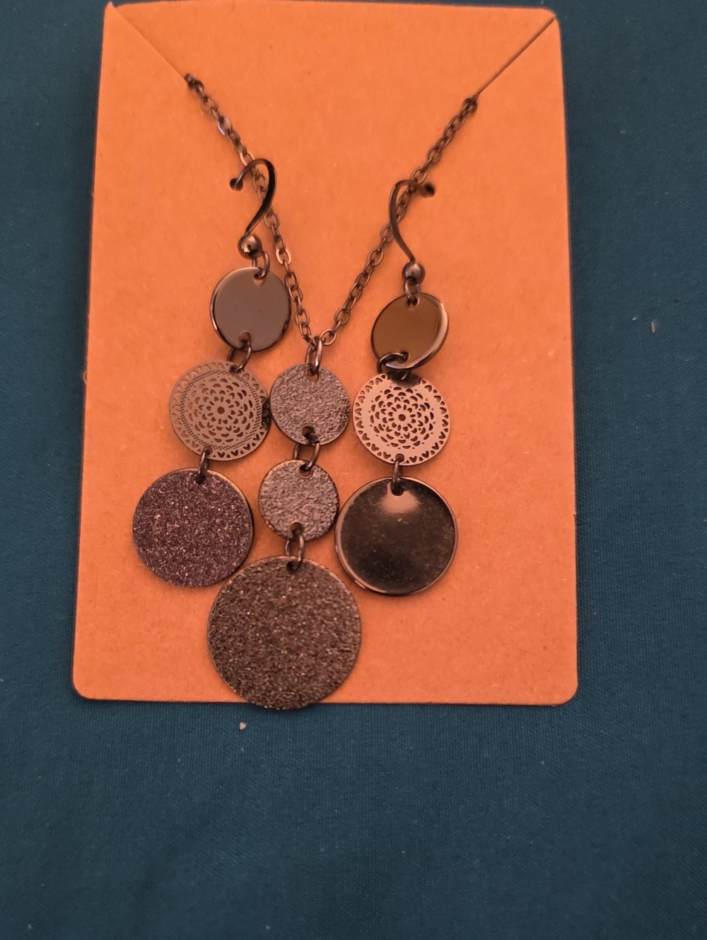 Gunmetal Multi-Disc Pendant Necklace and Earrings Set - Women Jewelry
